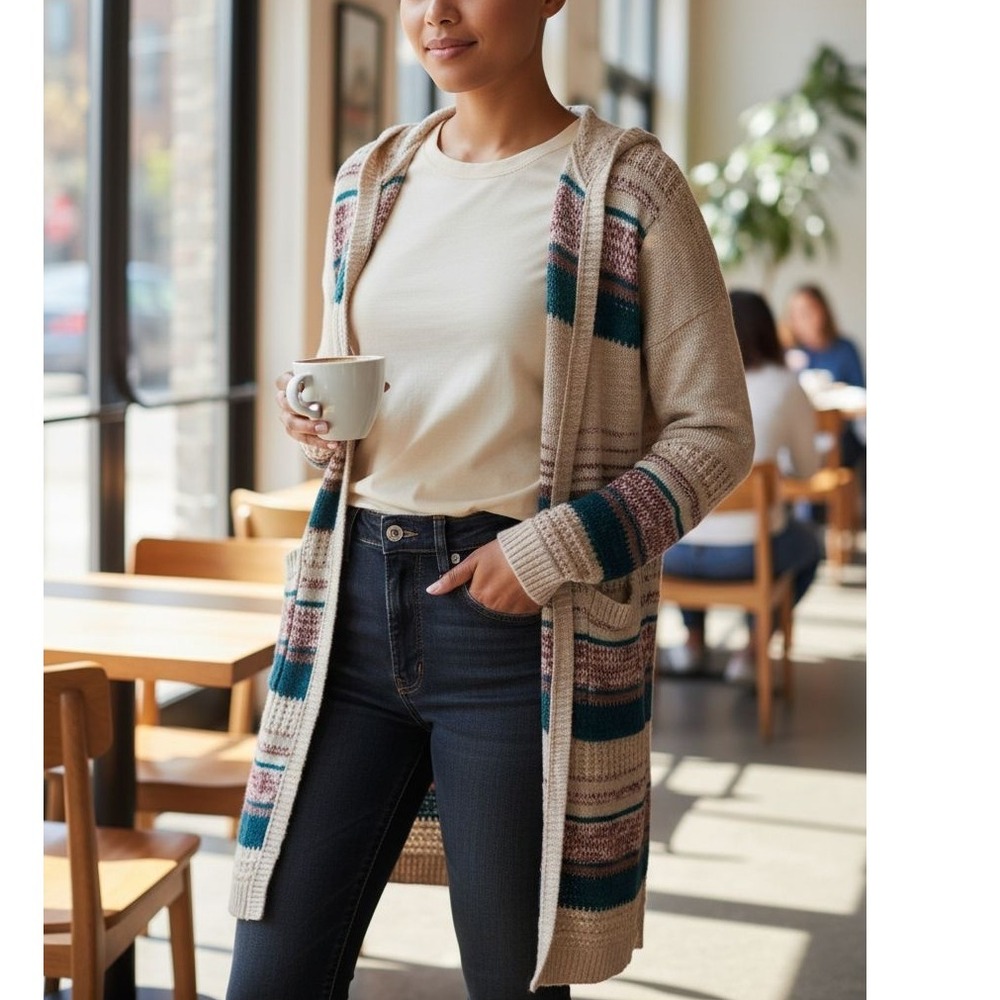 Charlotte Russe Long maxi cardigan knit hood open tribal patterncardigan